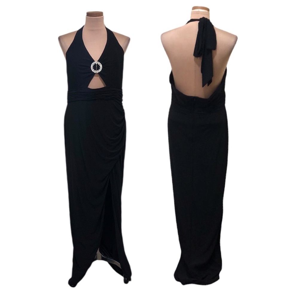 NWT Mac Duggal Maxi Dress Size 16W Black Cut Out Rhinestone Gown